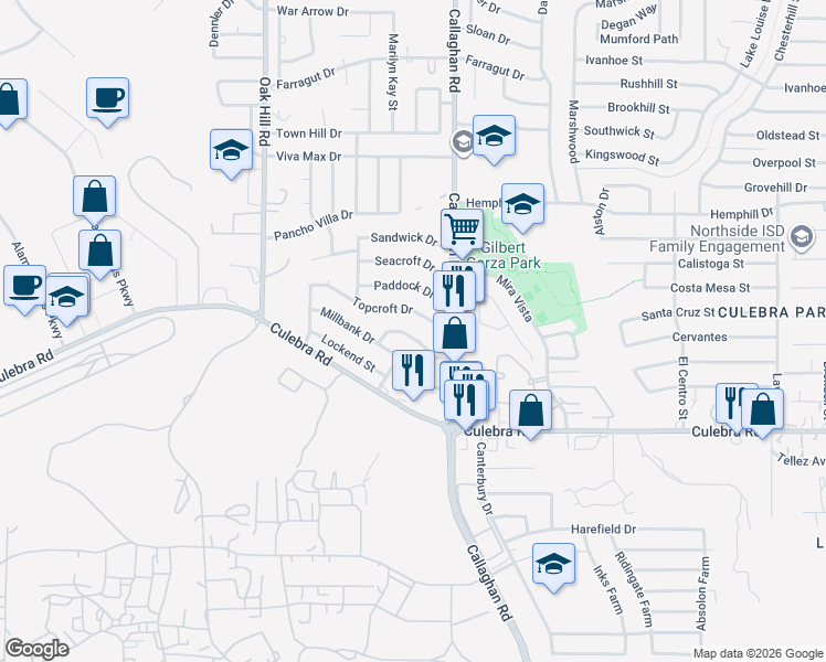 map of restaurants, bars, coffee shops, grocery stores, and more near 5923 Topcroft Drive in San Antonio