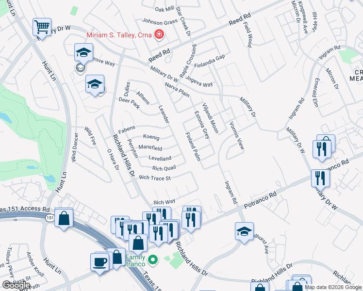 map of restaurants, bars, coffee shops, grocery stores, and more near 1815 Finland Palm in San Antonio