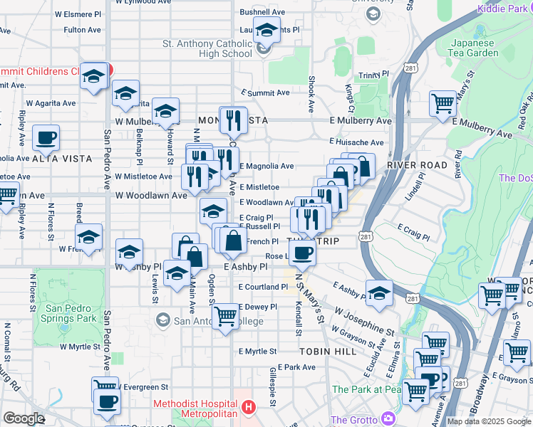 map of restaurants, bars, coffee shops, grocery stores, and more near 238 East Woodlawn Avenue in San Antonio