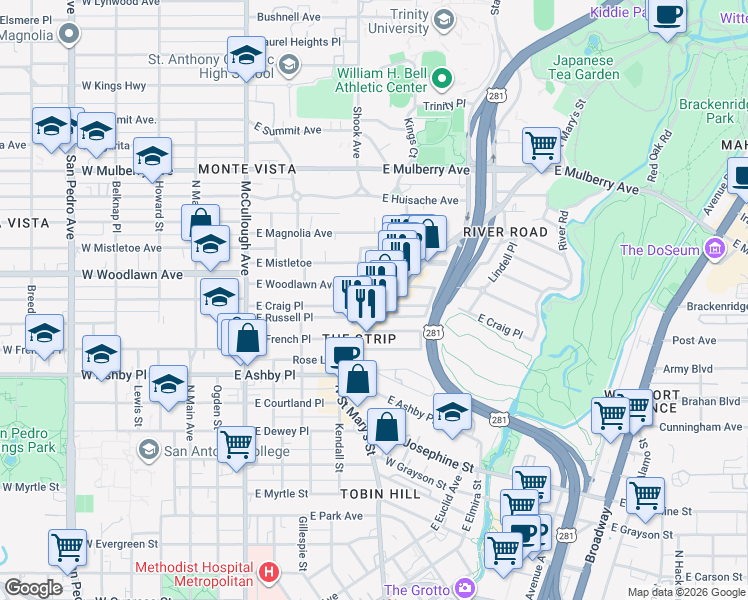 map of restaurants, bars, coffee shops, grocery stores, and more near 367 East Craig Place in San Antonio