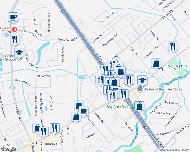 map of restaurants, bars, coffee shops, grocery stores, and more near 110 Deats Road in Dickinson