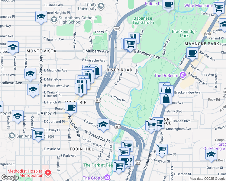 map of restaurants, bars, coffee shops, grocery stores, and more near 102 Armour Place in San Antonio