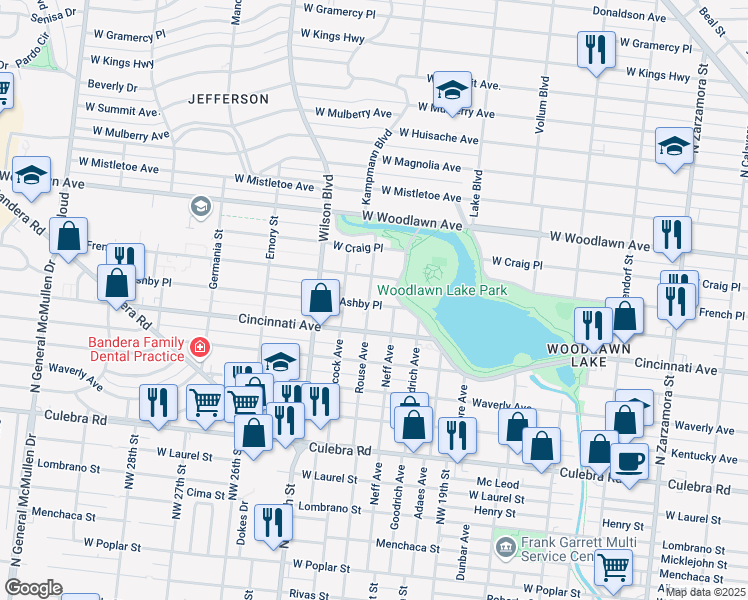 map of restaurants, bars, coffee shops, grocery stores, and more near 2603 West Ashby Place in San Antonio