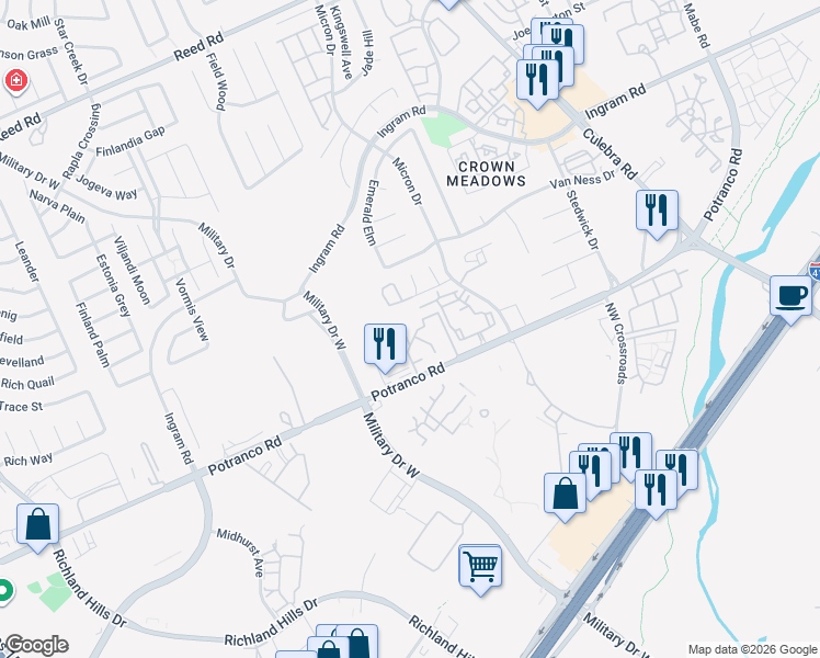 map of restaurants, bars, coffee shops, grocery stores, and more near 7999 Potranco Road in San Antonio
