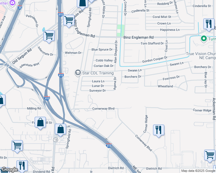 map of restaurants, bars, coffee shops, grocery stores, and more near 4926 Laura Lane in San Antonio