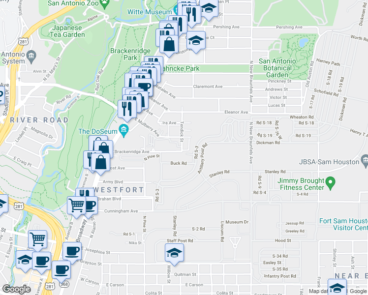 map of restaurants, bars, coffee shops, grocery stores, and more near 1250 East Mulberry Avenue in San Antonio