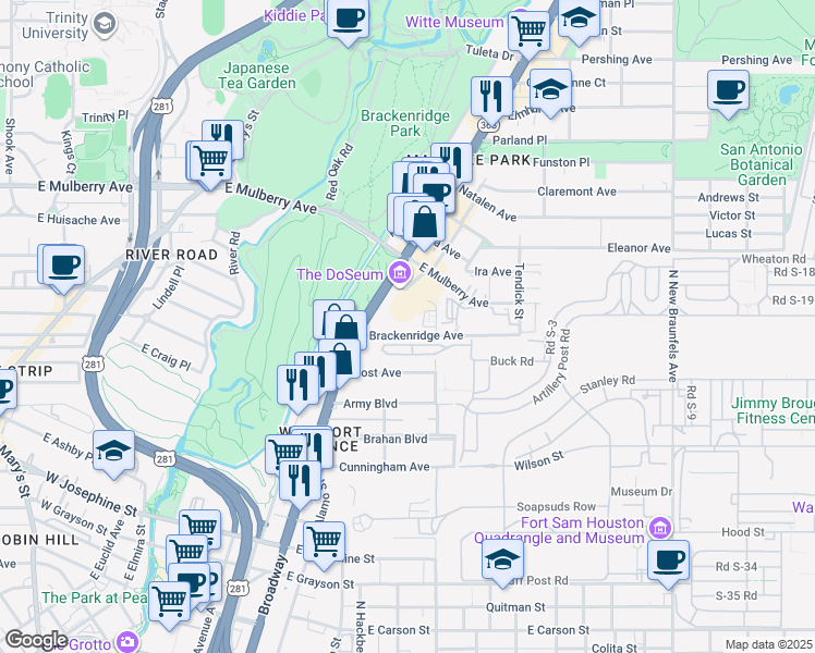 map of restaurants, bars, coffee shops, grocery stores, and more near 2800 Broadway in San Antonio