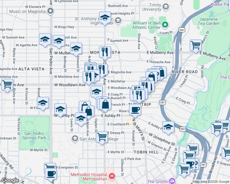 map of restaurants, bars, coffee shops, grocery stores, and more near 238 East Woodlawn Avenue in San Antonio