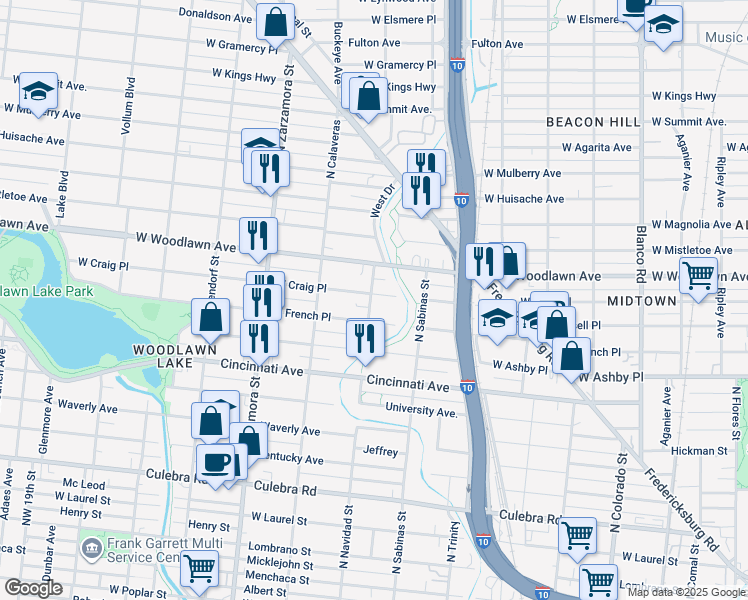 map of restaurants, bars, coffee shops, grocery stores, and more near 1511 West Craig Place in San Antonio