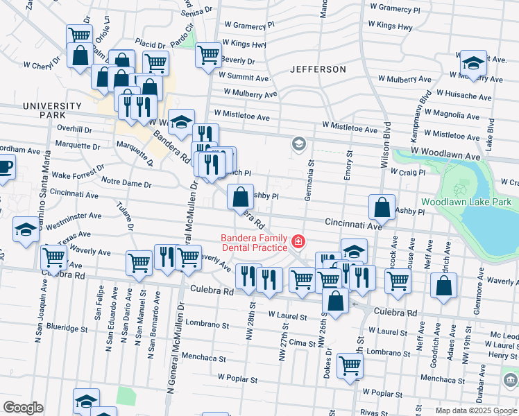 map of restaurants, bars, coffee shops, grocery stores, and more near 3220 West Ashby Place in San Antonio