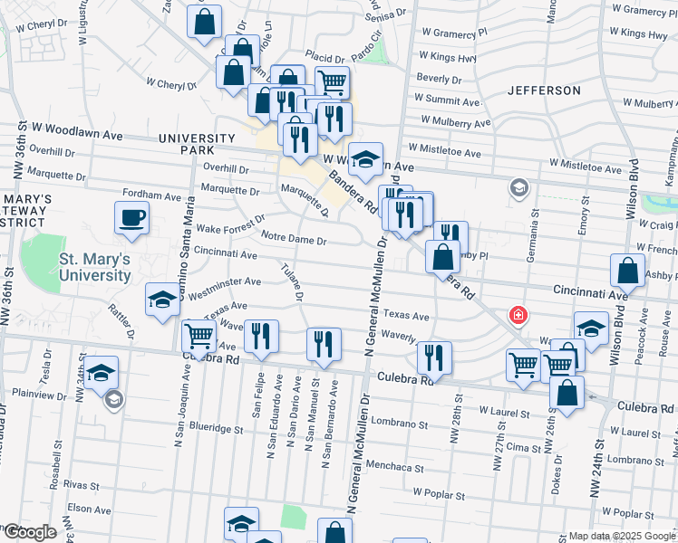 map of restaurants, bars, coffee shops, grocery stores, and more near 2431 Cincinnati Avenue in San Antonio