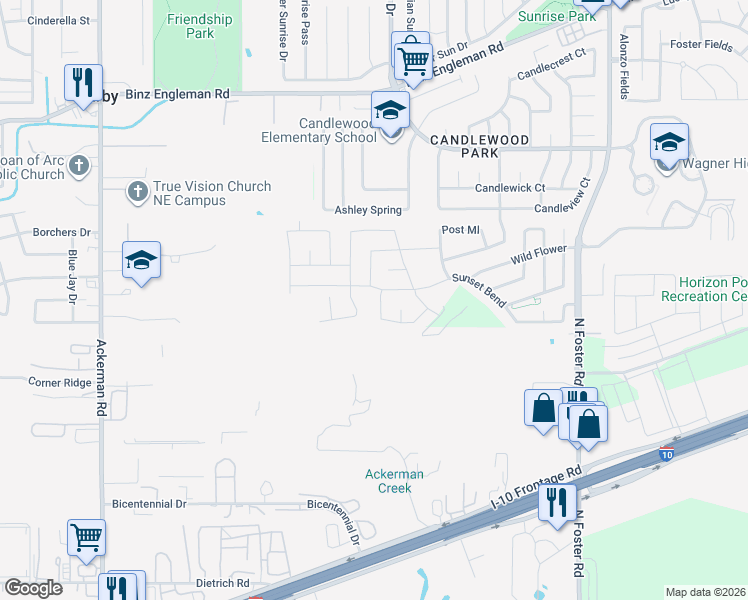 map of restaurants, bars, coffee shops, grocery stores, and more near 2711 Sunset Bend in San Antonio
