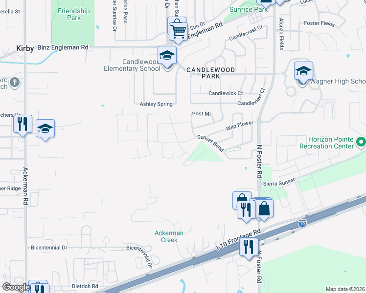 map of restaurants, bars, coffee shops, grocery stores, and more near 2560 Sunset Bend in San Antonio
