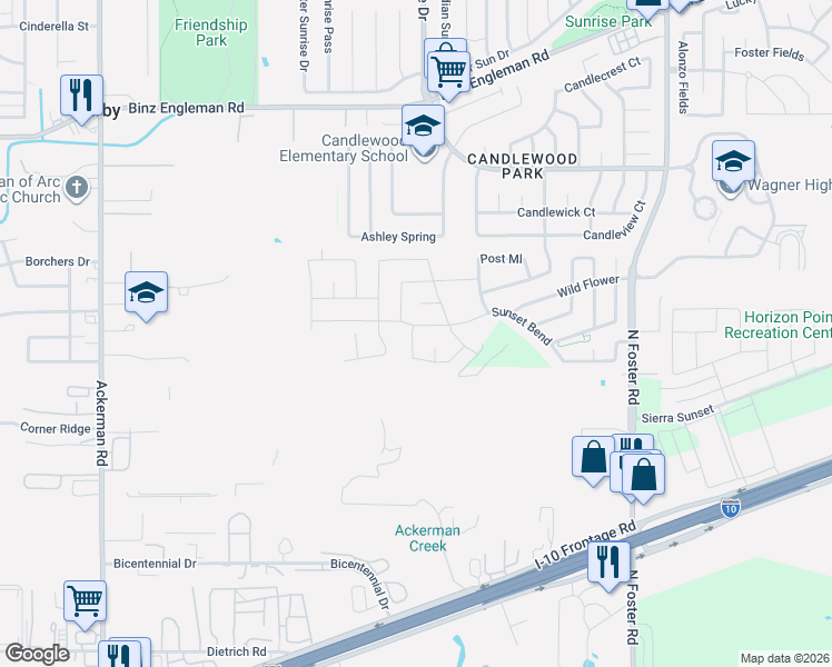 map of restaurants, bars, coffee shops, grocery stores, and more near 2618 Sunset Bend in San Antonio