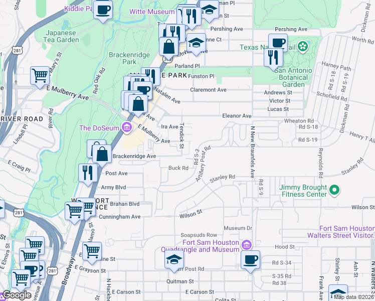 map of restaurants, bars, coffee shops, grocery stores, and more near 1318 East Mulberry Avenue in San Antonio