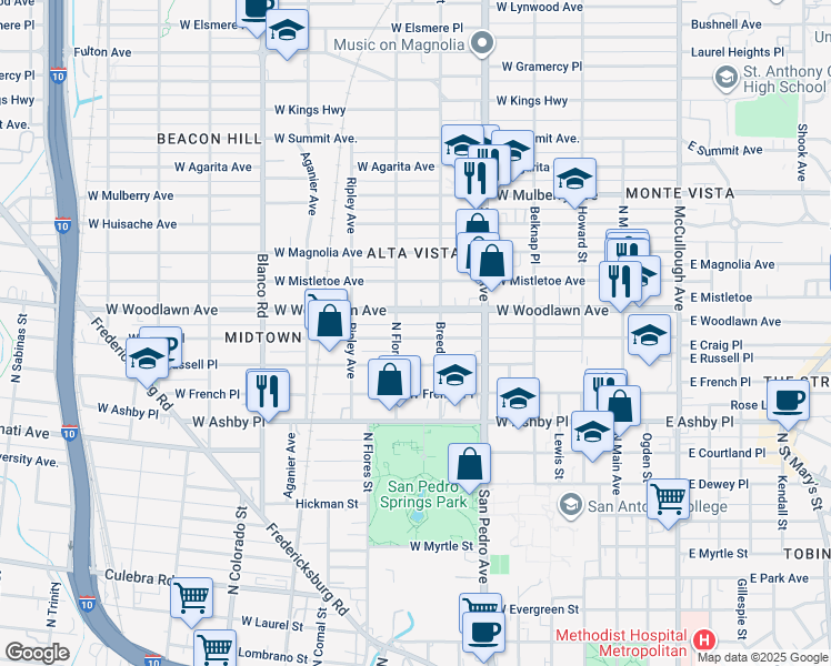 map of restaurants, bars, coffee shops, grocery stores, and more near 522 West Woodlawn Avenue in San Antonio