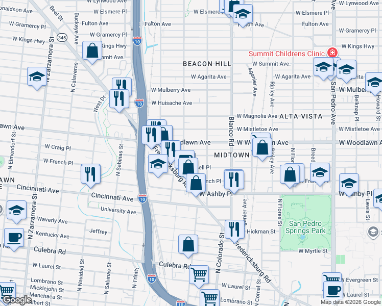 map of restaurants, bars, coffee shops, grocery stores, and more near 1020 West Woodlawn Avenue in San Antonio