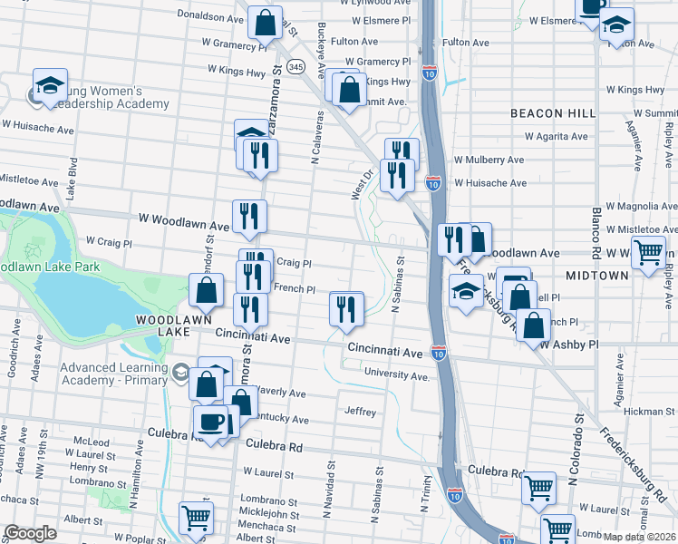 map of restaurants, bars, coffee shops, grocery stores, and more near 1511 West Craig Place in San Antonio