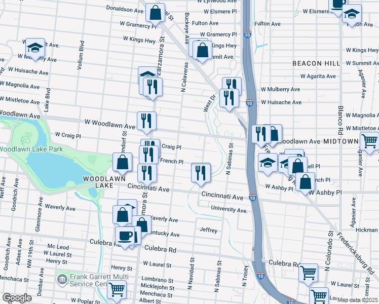 map of restaurants, bars, coffee shops, grocery stores, and more near 1511 West Craig Place in San Antonio