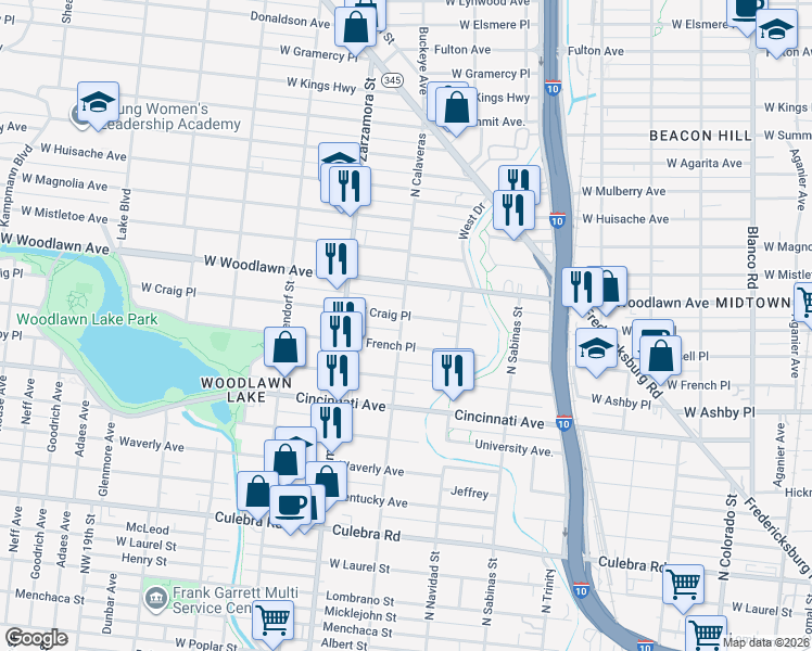 map of restaurants, bars, coffee shops, grocery stores, and more near 1547 West Craig Place in San Antonio