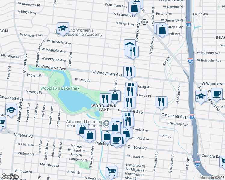 map of restaurants, bars, coffee shops, grocery stores, and more near 1746 West Craig Place in San Antonio