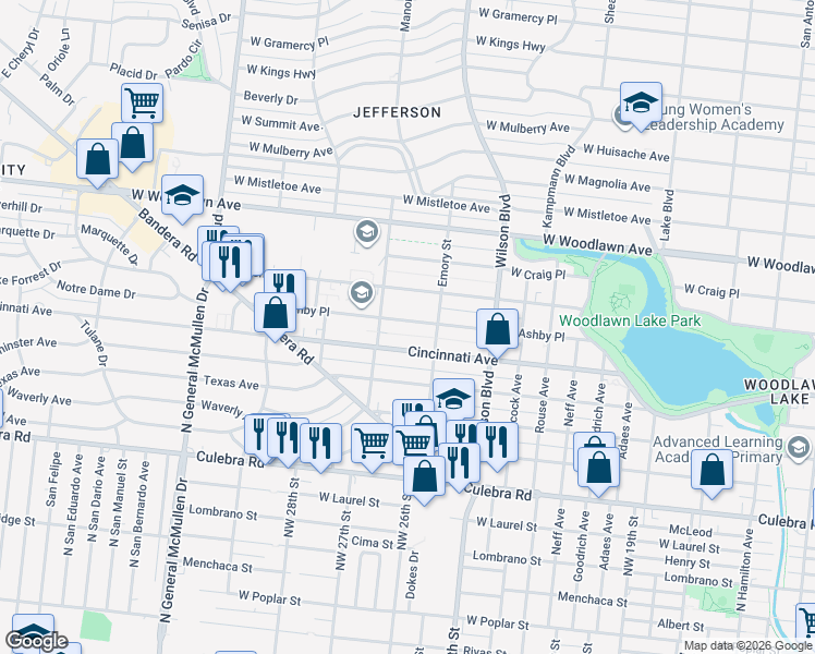 map of restaurants, bars, coffee shops, grocery stores, and more near 3019 West Ashby Place in San Antonio