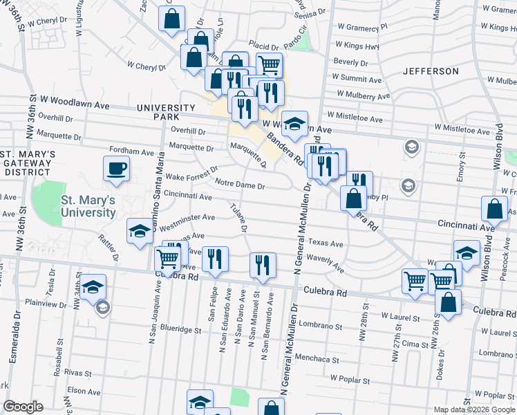 map of restaurants, bars, coffee shops, grocery stores, and more near 2457 Cincinnati Avenue in San Antonio