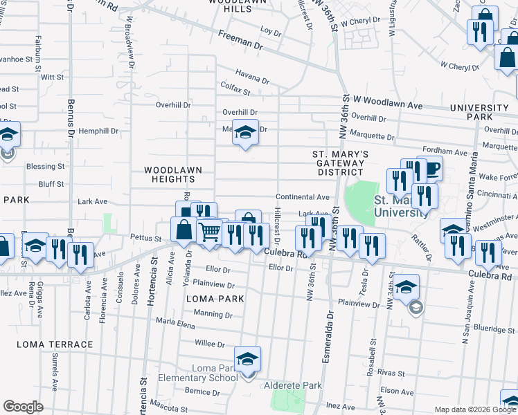 map of restaurants, bars, coffee shops, grocery stores, and more near 234 Continental Avenue in San Antonio