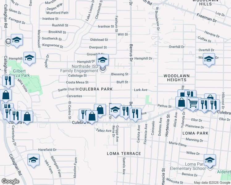 map of restaurants, bars, coffee shops, grocery stores, and more near 5123 Lark Avenue in San Antonio