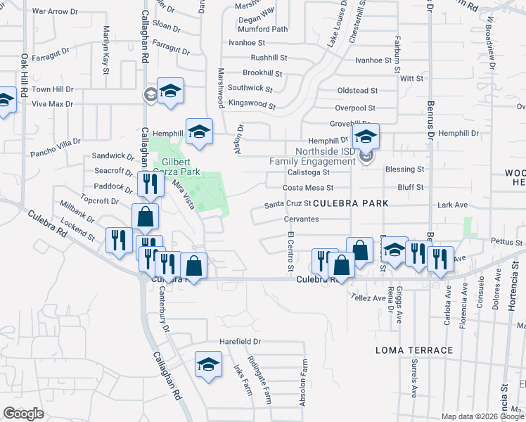 map of restaurants, bars, coffee shops, grocery stores, and more near 5419 Santa Cruz Street in San Antonio