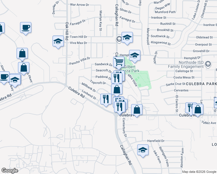 map of restaurants, bars, coffee shops, grocery stores, and more near 5923 Topcroft Drive in San Antonio