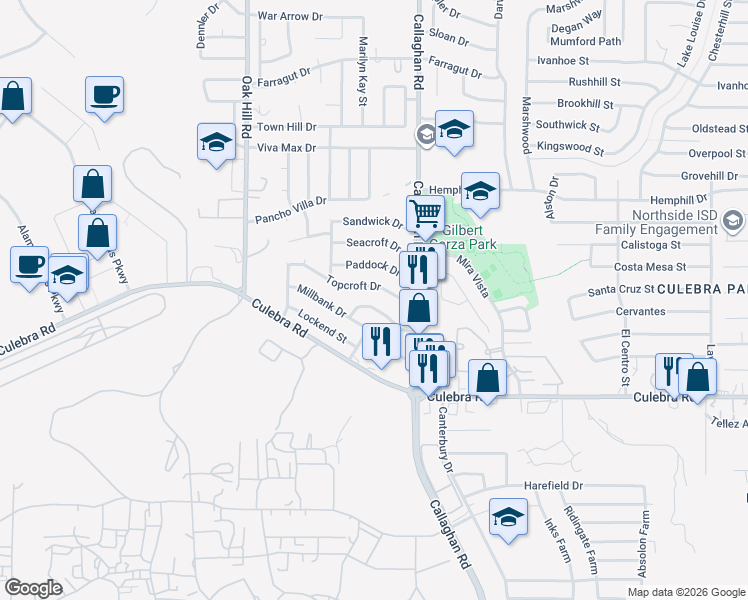 map of restaurants, bars, coffee shops, grocery stores, and more near 5923 Topcroft Drive in San Antonio