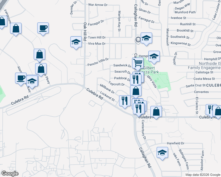map of restaurants, bars, coffee shops, grocery stores, and more near 6022 Topcroft Drive in San Antonio