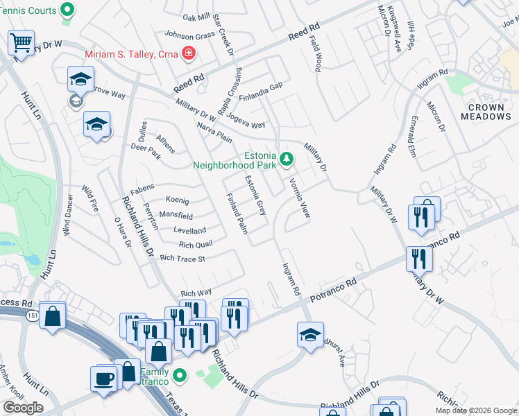 map of restaurants, bars, coffee shops, grocery stores, and more near 8602 Jogeva Rise in San Antonio