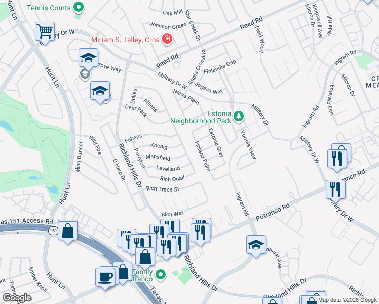 map of restaurants, bars, coffee shops, grocery stores, and more near 1815 Finland Palm in San Antonio