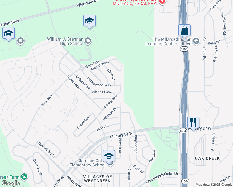 map of restaurants, bars, coffee shops, grocery stores, and more near 1511 Winans Pass in San Antonio