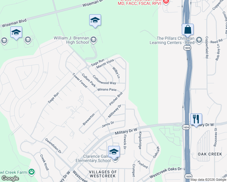 map of restaurants, bars, coffee shops, grocery stores, and more near 1911 Cottonwood Way in San Antonio