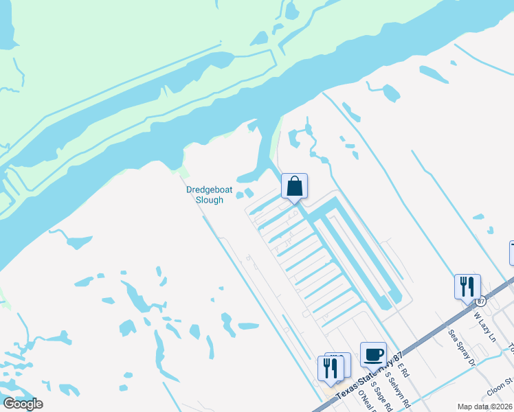 map of restaurants, bars, coffee shops, grocery stores, and more near 1108 Egret Point in Bolivar Peninsula