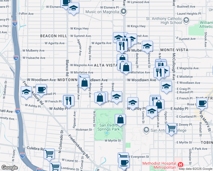 map of restaurants, bars, coffee shops, grocery stores, and more near 522 West Woodlawn Avenue in San Antonio