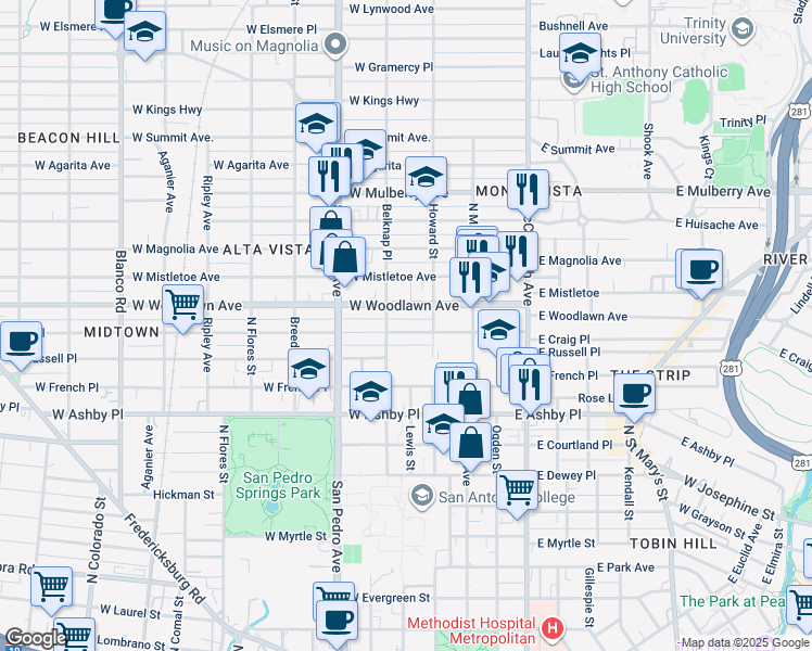 map of restaurants, bars, coffee shops, grocery stores, and more near 206 West Woodlawn Avenue in San Antonio
