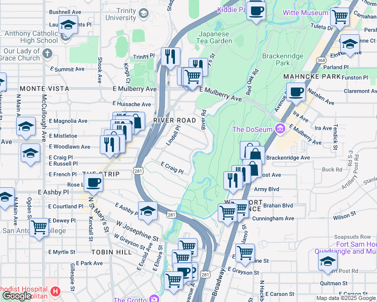 map of restaurants, bars, coffee shops, grocery stores, and more near 137 Armour Place in San Antonio