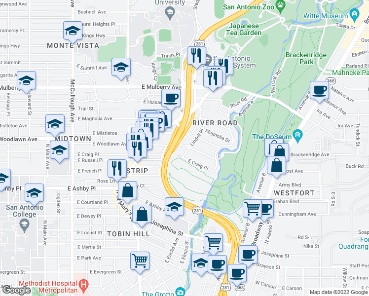 map of restaurants, bars, coffee shops, grocery stores, and more near 669 East Mistletoe in San Antonio
