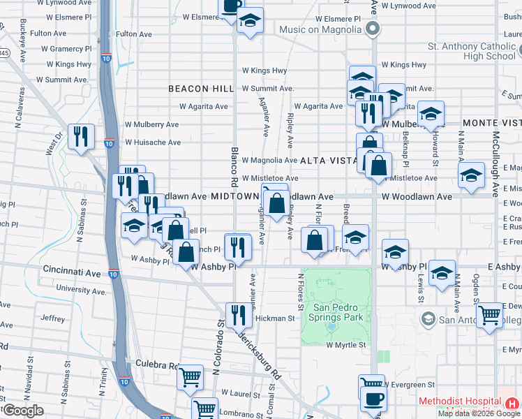 map of restaurants, bars, coffee shops, grocery stores, and more near 806 West Woodlawn Avenue in San Antonio