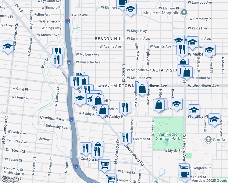 map of restaurants, bars, coffee shops, grocery stores, and more near 940 West Woodlawn Avenue in San Antonio
