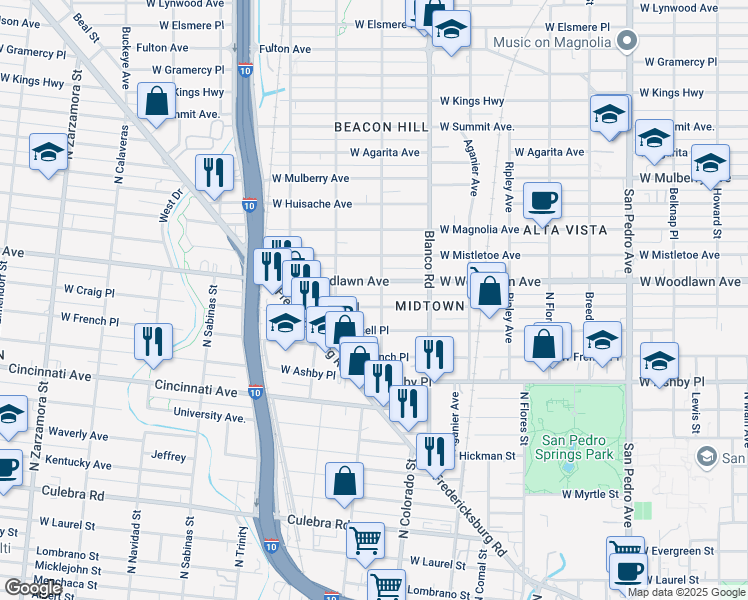 map of restaurants, bars, coffee shops, grocery stores, and more near 1020 West Woodlawn Avenue in San Antonio