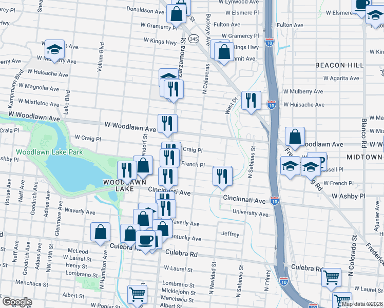 map of restaurants, bars, coffee shops, grocery stores, and more near 1626 West Craig Place in San Antonio
