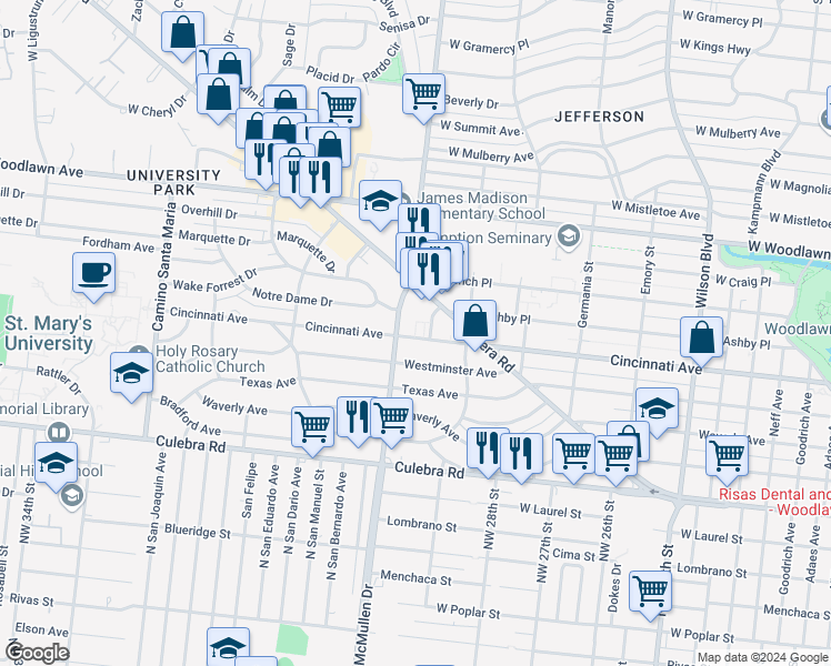 map of restaurants, bars, coffee shops, grocery stores, and more near 2331 Cincinnati Avenue in San Antonio