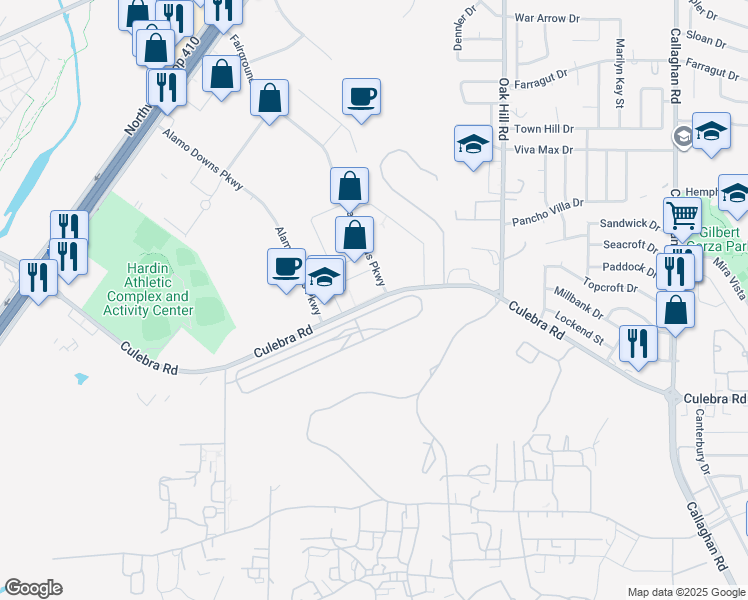 map of restaurants, bars, coffee shops, grocery stores, and more near 6769-6999 Culebra Road in San Antonio