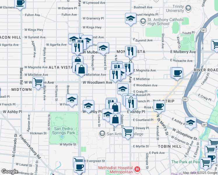 map of restaurants, bars, coffee shops, grocery stores, and more near 127 West Craig Place in San Antonio