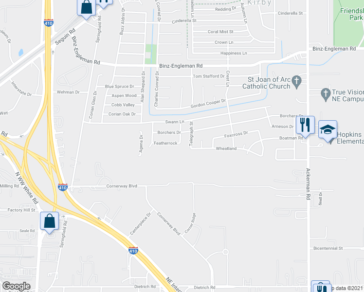 map of restaurants, bars, coffee shops, grocery stores, and more near 2402 French Sea in Kirby